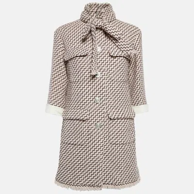 Pre-owned Chanel Pink Wool Tweed Detachable Leather Cuff Coat M