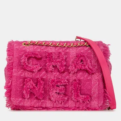 Pre-owned Chanel Pink Wool Tweed Giant Logo Flap