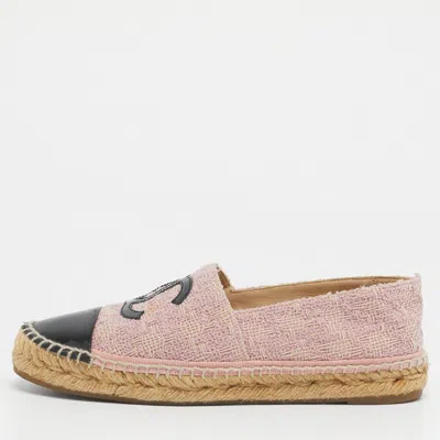 Pre-owned Chanel Pink/black Tweed And Patent Cc Cap Toe Espadrilles Size 37