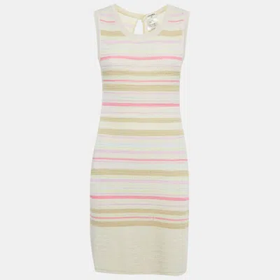 Pre-owned Chanel Pink/cream Striped Lurex Knit Bodycon Dress M