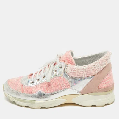 Pre-owned Chanel Pink/silver Tweed And Holographic Leather Lace Up Sneakers Size 40