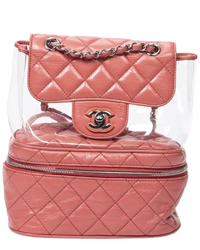 Pre-owned Chanel Pink/transparent Vinyl/quilted Lambskin Leather Cc Transparent Vanity  Flap Backpack (authent
