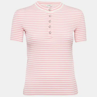 Pre-owned Chanel Pink/white Stripe Rib Knit Band Collar Top S