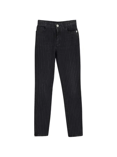 Pre-owned Chanel Pinstripe Straight-leg Denim Jeans In Black