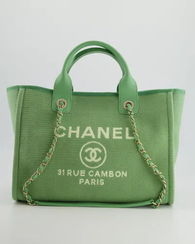 Pre-owned Chanel Pistachio Canvas Small Deauville Tote Bag With Champagne Gold Hardware In Green