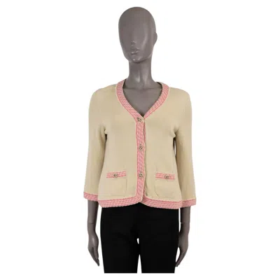 Pre-owned Chanel Pistachios & Pink Cashmere 2011 11p Contrast Trim Cardigan Sweater 36 Xs