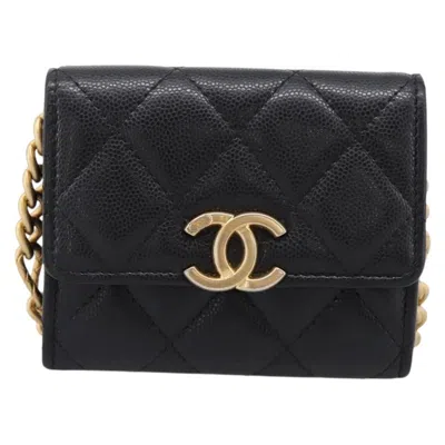 Pre-owned Chanel Plate Logo Cc Flap Card Holder On Chain Quilted Caviar Black Leather Clutche & Pouche Bag (pr