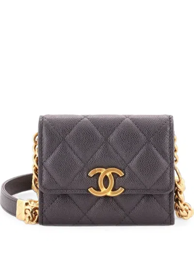 Pre-owned Chanel Plate Logo Cc Flap Card Holder On Chain Quilted Caviar Mini Crossbody Bag In Grey