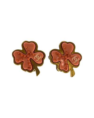 Pre-owned Chanel Plated Clover Coco Mark Gold Pink Earrings (authentic Pre-loved)