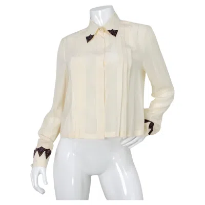 Pre-owned Chanel Pleated Cream Silk Blouse With Beaded Lace Accents Circa 2002 In White