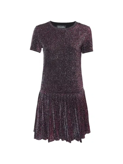 Pre-owned Chanel Pleated Lurex-knit Mini Dress In Purple