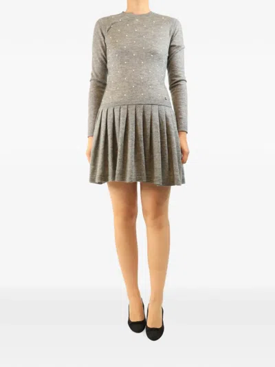Pre-owned Chanel Pleated Pearl-embellished Mini Dress In Grey