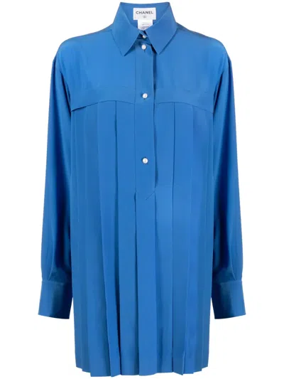 Pre-owned Chanel Pleated Silk Shirt In 蓝色
