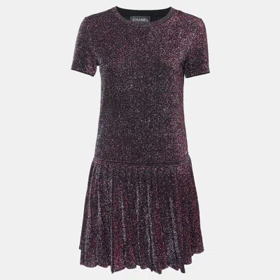 Pre-owned Chanel Plum Lurex Knit Pleated Short Sleeve Dress M In Silver