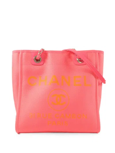 Pre-owned Chanel Pm Deauville Chain Tote Bag In Pink