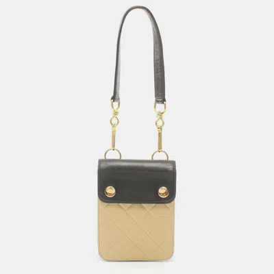 Pre-owned Chanel Pochette Handbag Lambskin Beige Black Gold Hardware