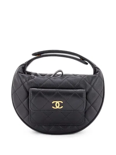 Pre-owned Chanel Polly Pocket Pouch Quilted Caviar Mini Hobo Bag In Black
