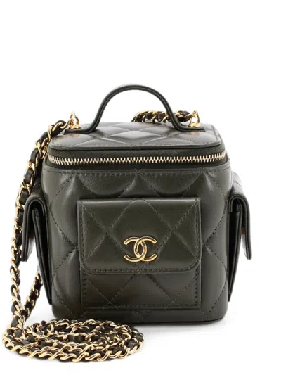Pre-owned Chanel Polly Pocket Top Handle Vanity Case Quilted Lambskin Mini Shoulder Bag In Green