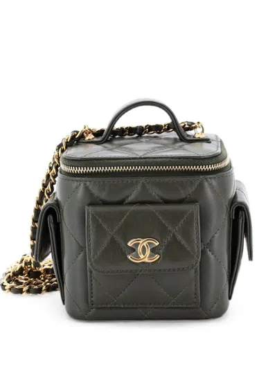 Pre-owned Chanel Polly Pocket Top Handle Vanity Case Quilted Lambskin Mini Shoulder Bag In Green