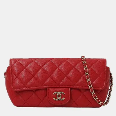 Pre-owned Chanel Pouch Matelasse Shoulder Caviar Skin Red Chain