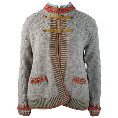 Pre-owned Chanel Pre-fall 2015 Size 12 Grey Multi Color Wool Cable Knit Bobble Leather Trim Jacket In Gray