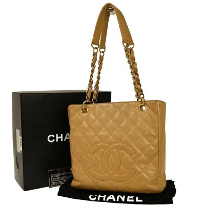 Pre-owned Chanel Pst (petite Shopping Tote) Beige Leather Shoulder Bag ()