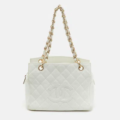 Pre-owned Chanel Pst White Quilted Caviar Leather Petite Timeless Shopping Tote