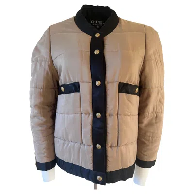 Pre-owned Chanel Puffer Silk Black And Beige Jacket Iconic Vintage 1990