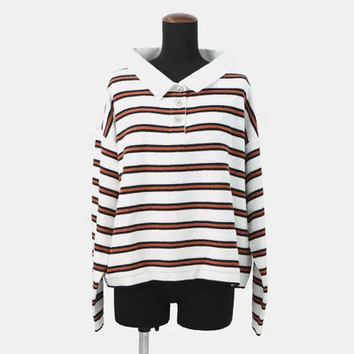 Pre-owned Chanel Pullover Polo Shirt Size 40 White/navy/brown Cotton 87% Viscose 8% Polyamide 4% Polyurethane 1% In Blue