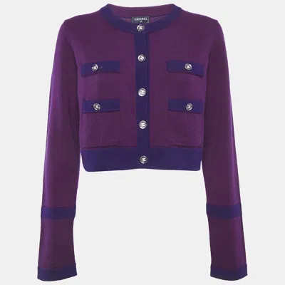 Pre-owned Chanel Purple Cashmere Button Front Cardigan L