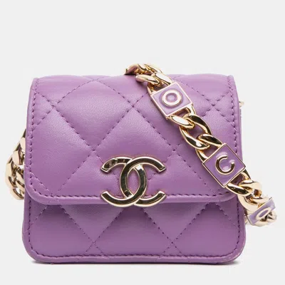 Pre-owned Chanel Purple Cc Quilted Lambskin Coco Card Holder On Chain