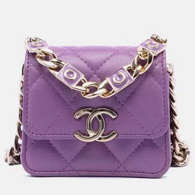 Pre-owned Chanel Purple Cc Quilted Lambskin Coco Card Holder On Chain