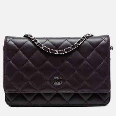 Pre-owned Chanel Purple Cc Quilted Lambskin Wallet On Chain