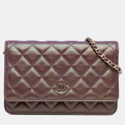 Pre-owned Chanel Purple Iridescent Lambskin Cc Wallet On Chain