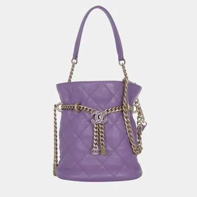 Pre-owned Chanel Purple Leather Cc Chain Drawstring Bucket Bag