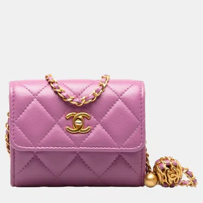 Pre-owned Chanel Purple Mini Lambskin Pearl Crush Flap Clutch With Chain