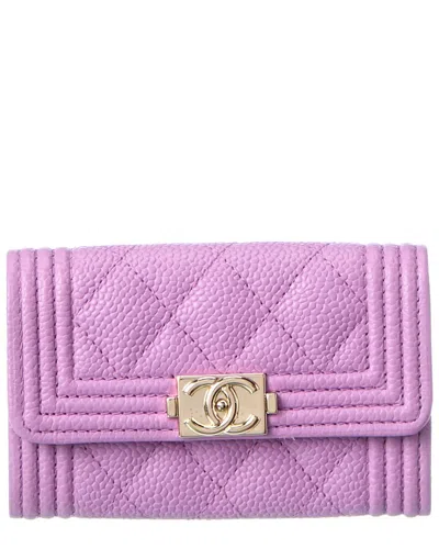 Pre-owned Chanel Purple Quilted Caviar Leather Boy Card Holder (authentic Pre-loved)