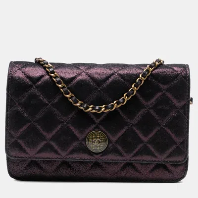 Pre-owned Chanel Purple Quilted Iridescent Lambskin Tartan Button Wallet On Chain
