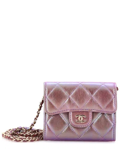 Pre-owned Chanel Purple Quilted Lambskin Leather Classic Flap Card Holder On Chain Mini  (authentic Pre-loved)