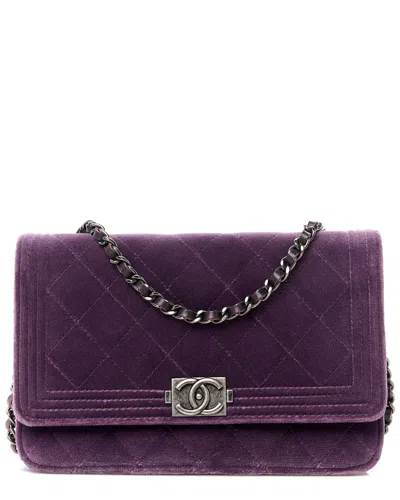 Pre-owned Chanel Purple Quilted Velvet Boy Wallet On Chain (authentic Pre-loved)