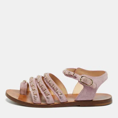 Pre-owned Chanel Purple Suede Cc Chain Link Ankle Strap Flat Sandals Size 36