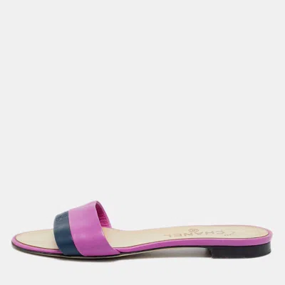 Pre-owned Chanel Purple/navy Blue Leather Cc Flat Slides Size 37.5
