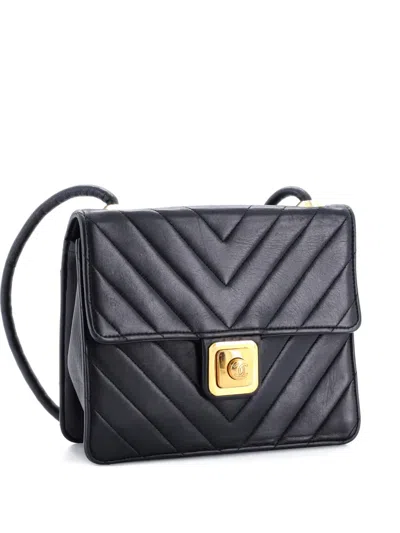 Pre-owned Chanel Push Lock Flap Bag Chevron Lambskin Small Shoulder Bag In Black