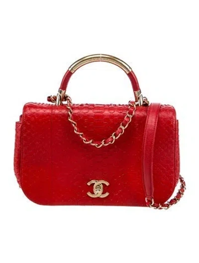Pre-owned Chanel Python Carry Chic Top Handle Bag In Red