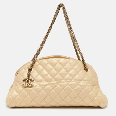 Pre-owned Chanel Quilted Aged Leather Medium Just Mademoiselle Bowler Bag In Gold