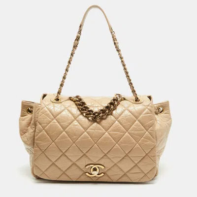 Pre-owned Chanel Quilted Aged Leather Pondicherry Flap Bag In Beige