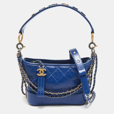 Pre-owned Chanel Quilted Aged Leather Small Gabrielle Hobo In Blue