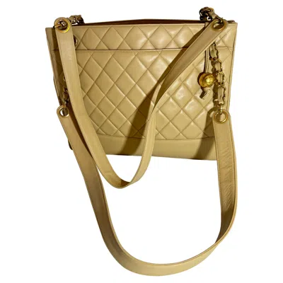 Pre-owned Chanel Quilted Beige/ Cream Lamb Skin Grand Shopper Chain Tote, Golden Hardware In White