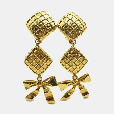Pre-owned Chanel Quilted Bow Dangle Earrings Clip-on Gold