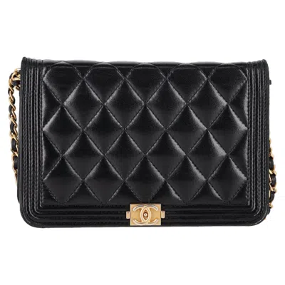 Pre-owned Chanel Quilted Boy Wallet On Chain In Black Lambskin Leather